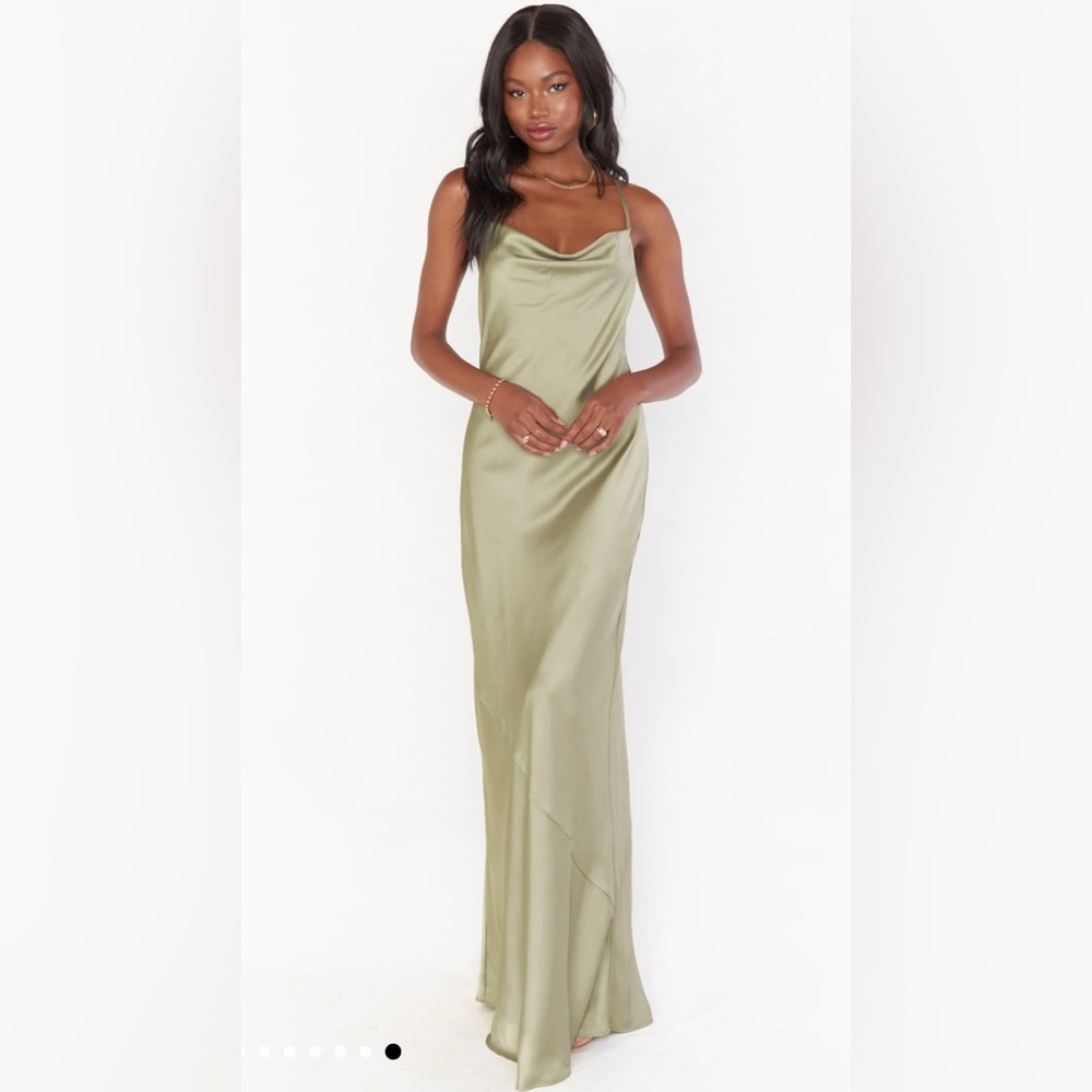 Show Me Your MuMu Tuscany Maxi Slip Dress in Moss Green Luxe Satin, Size Small